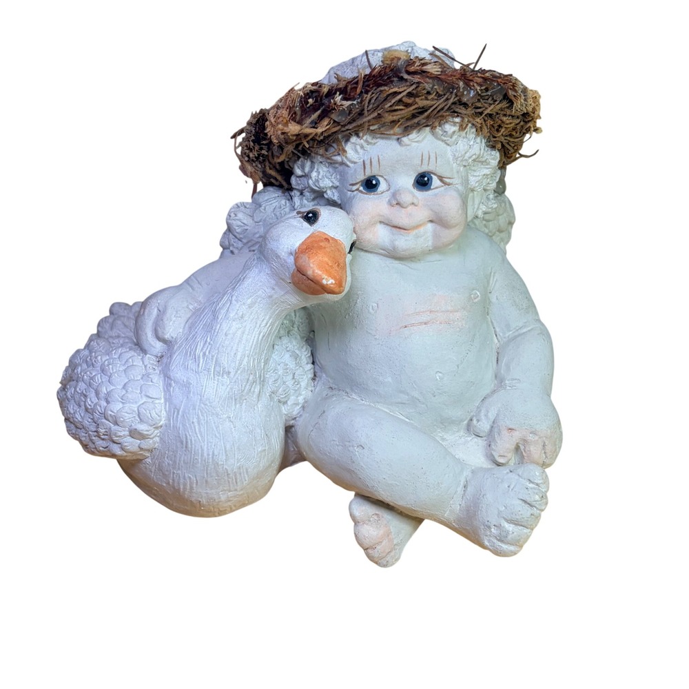 Vintage Cherub Angel‎ Goose Figurine Straw Hat Resin Statue Country Decor